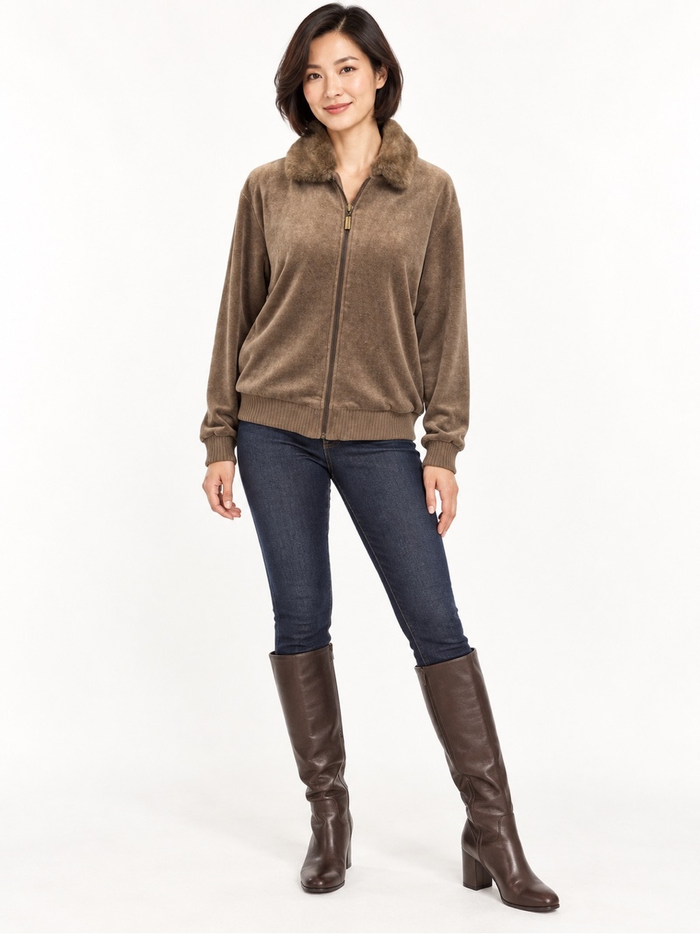 Liz Claiborne Brown Faux-Fur Collar Bomber Jacket